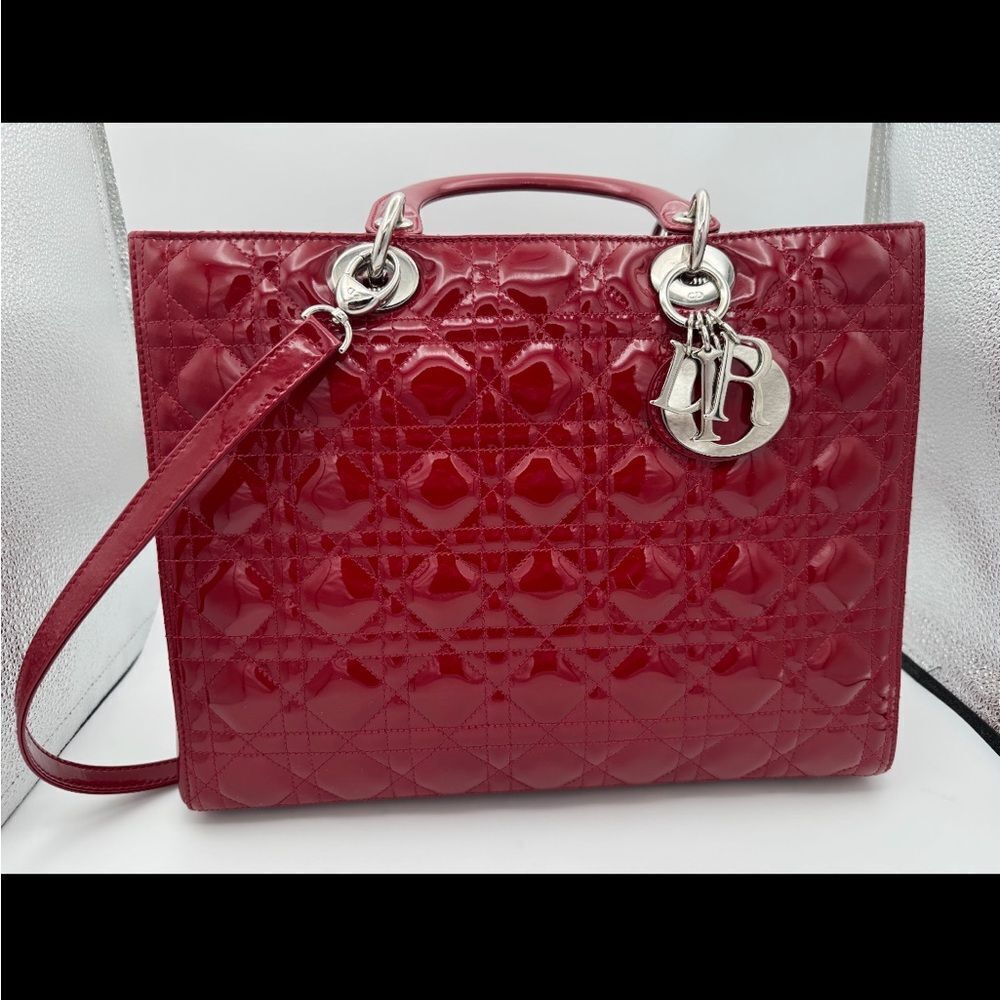EUC- Christian Dior Lady Dior Large Tote-Red Patent Cannage Leather